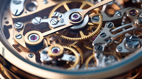 Close up of the gear mechanism inside the watch. Generetive Ai © tong2530