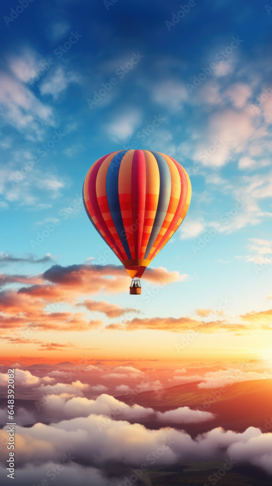 Naklejka premium Hot air balloon in horizon sky, morning sunlight