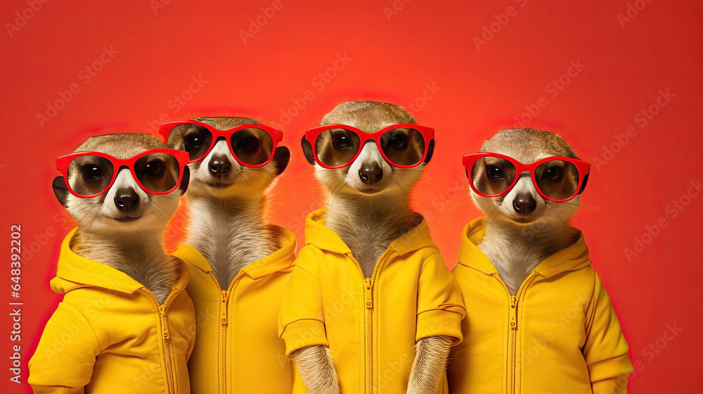 Fototapeta premium Group of Meerkat wear sunglasses, vibrant bright fashionable outfits isolated on red background. Creative animal concept. Generetive Ai