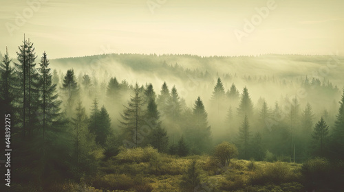 Misty landscape with fir forest in vintage retro style, Nature background. Generetive Ai © tong2530
