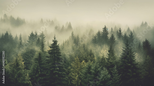 Misty landscape with fir forest in vintage retro style, Nature background. Generetive Ai © tong2530