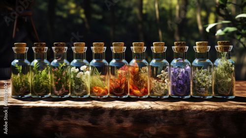 Bottles with tinctures or infusions of healthy herbs and medicinal plants on wooden board.