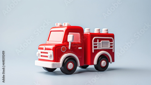 Toy fire truck on soft gray background with copy space