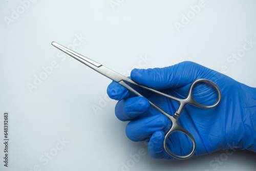 Doctor wearing blue medical gloves holding Allis Intestinal and Tissue grasping forceps, are serrated surgical forceps used for ligation and clamping of bleeding in uterus during surgery photo