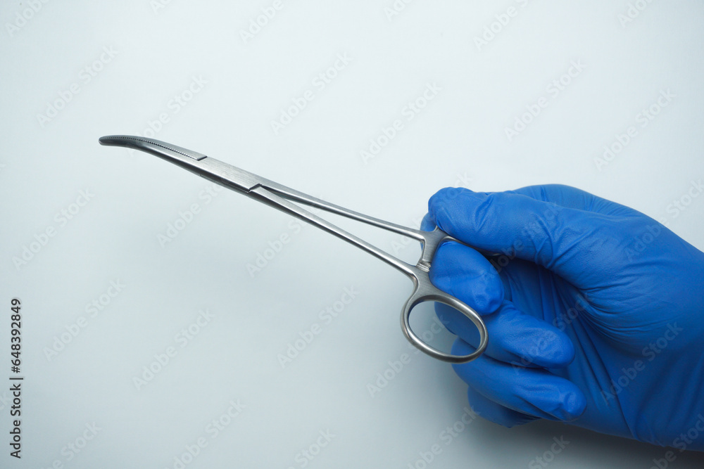 Doctor wearing blue medical gloves holding Allis Intestinal and Tissue
