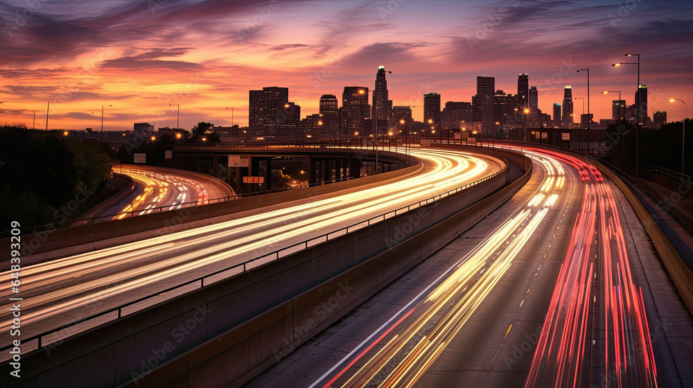 The motion blur of a busy urban highway during the evening rush hour. Generetive Ai The motion blur of a busy urban highway during the evening rush hour. Generetive Ai