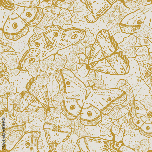Mustard yellow and white moths or butterflies pattern. Toile style vector design with pumpkin leaves and tendrils. Monochrome organic design with swirls, wings, and bugs. Flying bugs and wildlife.