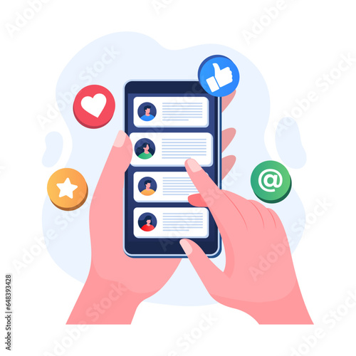 Sending emails to friends, Hand holding smartphone with the contact list on screen, refer a friend, Email marketing concept flat illustration vector template for website banner, landing page