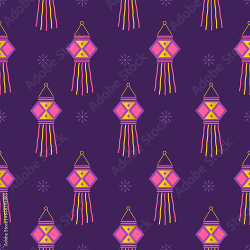 Diwali seamless pattern. Cute background for hindu holiday. Indian festival of lights. Vector illustration in flat cartoon style. Perfect for fabric, package paper, wallpaper, greeting cards.