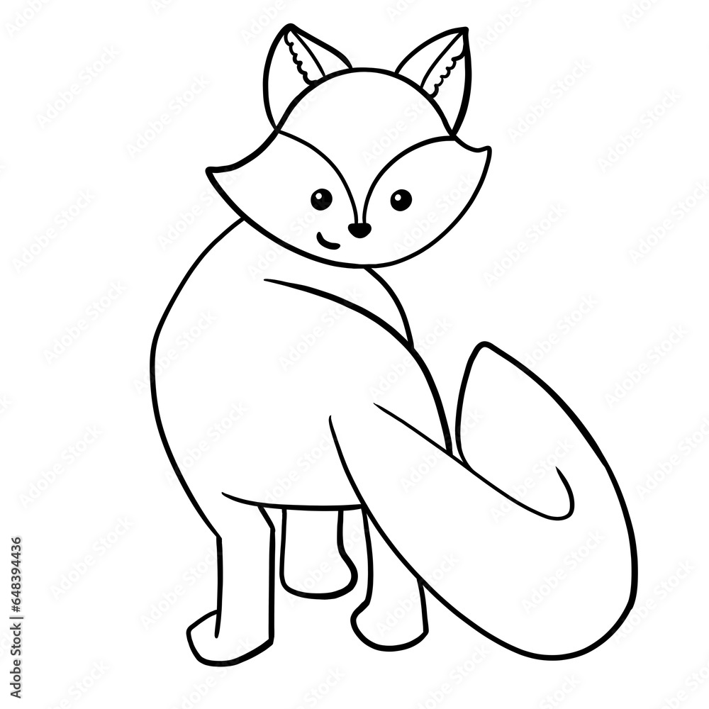 Obraz premium Little cute fox, outline drawing, illustration