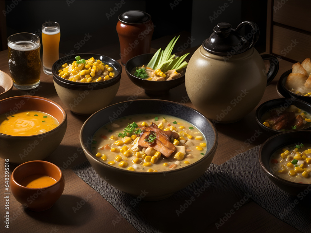 a comforting bowl of Corn Chowder, enriched with miso and mirin. ai generative a comforting bowl of Corn Chowder, enriched with miso and mirin. ai generative