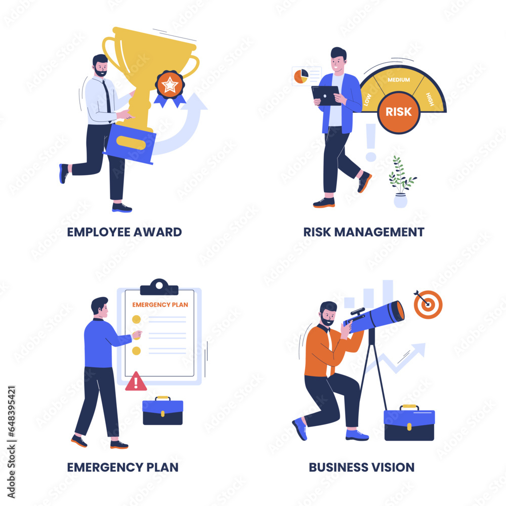 Set collection of business employment illustration. Employe award, risk management, business vision, emergency plan. Flat design illustration