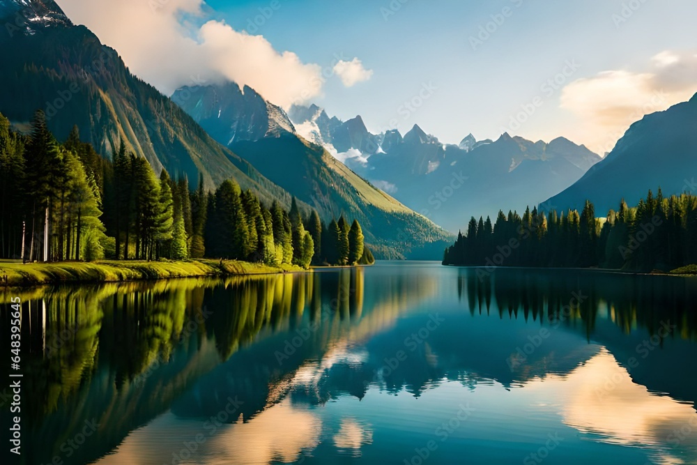 Summer lake on green natur landscape 3d render