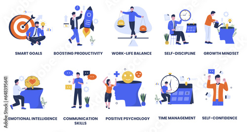 Set collection of self development illustration. Personal growth, Boosting productivity, work life balance, time management, self confident, self discipline, personal goals. Flat design illustration