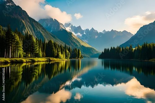 Summer lake on green natur landscape 3d render © Malaika