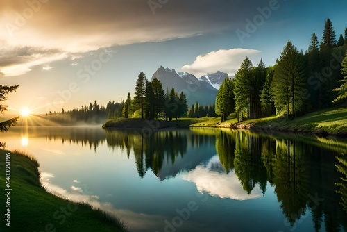 Summer lake on green natur landscape 3d render © Malaika