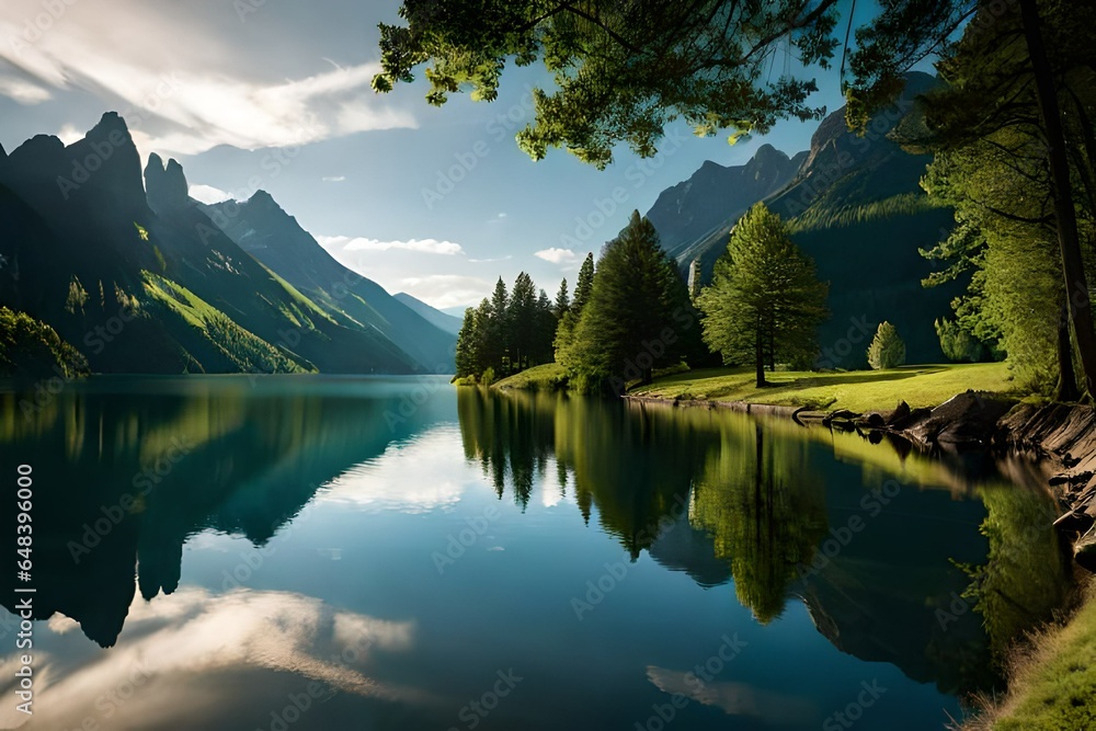 Summer lake on green natur landscape 3d render
