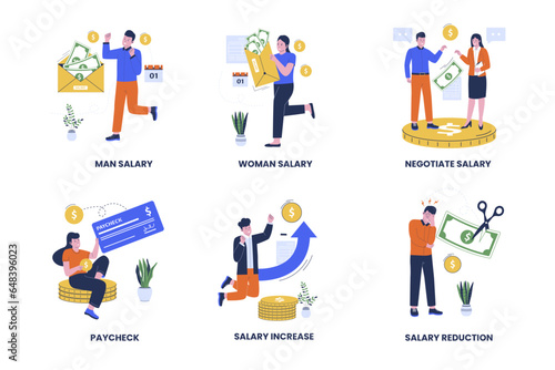 Payday illustration collection set. Man and woman salary, negotiate salary, paycheck, salary increase, salary reduction. Flat design illustration