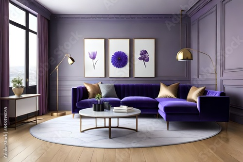 Luxury modern interior of living room  Ultraviolet home decor concept  purple sofa and black table with gold lamp on light purple wall and woodfloor  3d render