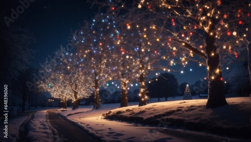 Christmas lights on the trees at christmas night © ponpary