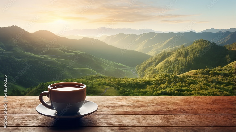 Cup with tea on table over mountains landscape Cup with tea on table over mountains landscape