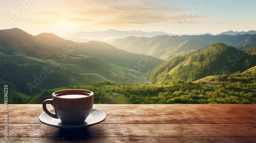Cup with tea on table over mountains landscape