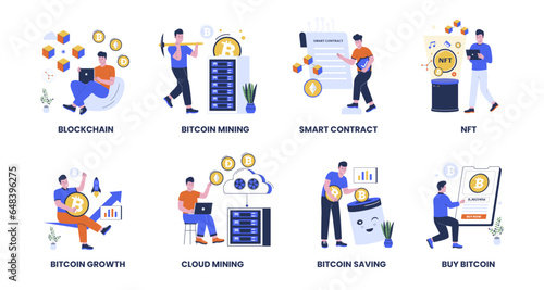 Blockchain cryptocurrency vector collection set. Non-fungible token, bitcoin mining, smart contract illustration
