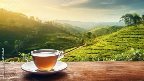 Cup with tea on table over mountains landscape