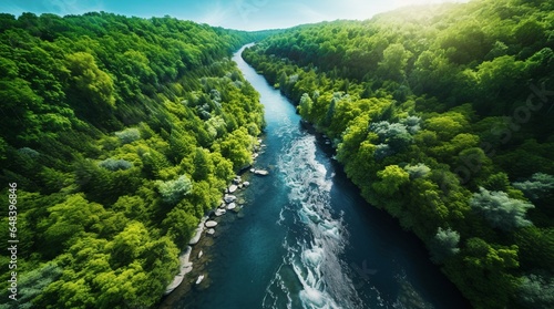 Río de aguas azules atravesando un bosque frondoso. Fotografía aérea. Luz del amanecer