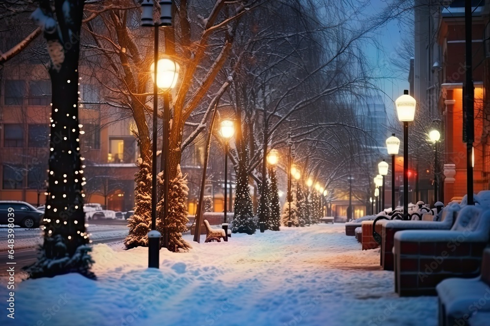 City in the Snow: Tranquil Streets Bathed in Warm Urban Light