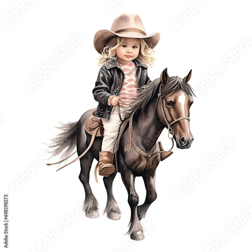 Baby Cow Girl Riding Horse Watercolor