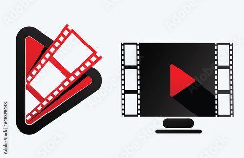 Play video button set of 2 icons can be used as a logo or symbol. start movie icon with filmstrip coming out of it. Best logo for a music player. multimedia button for clips and media.