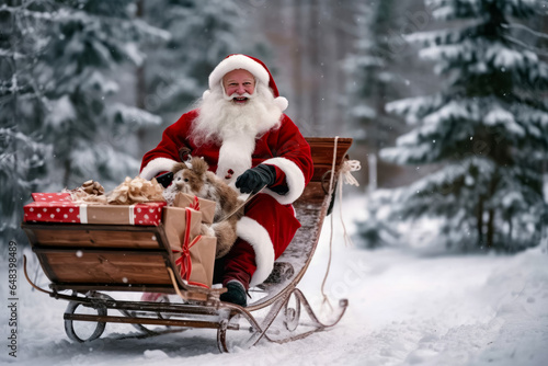 Santa Claus on sledge with a bag full with Christmas gifts , Christmas Holiday and Happy New year photo