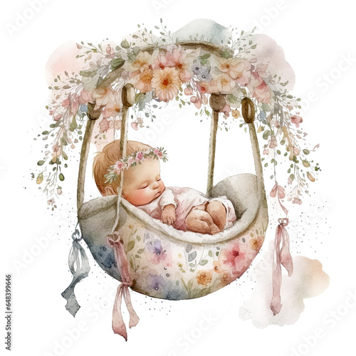 Baby on cradle watercolor aquarelle with floral