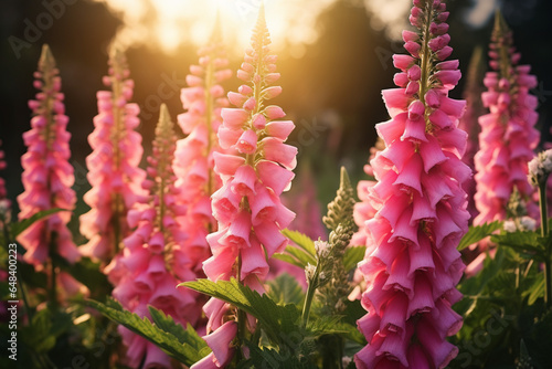 Close up of bright pink foxglove flowers blooming in summer garden at sunset, Digitalis in blossom, Floral background, aesthetic look photo