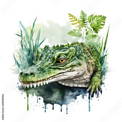 Crocodile, green alligator watercolor painting