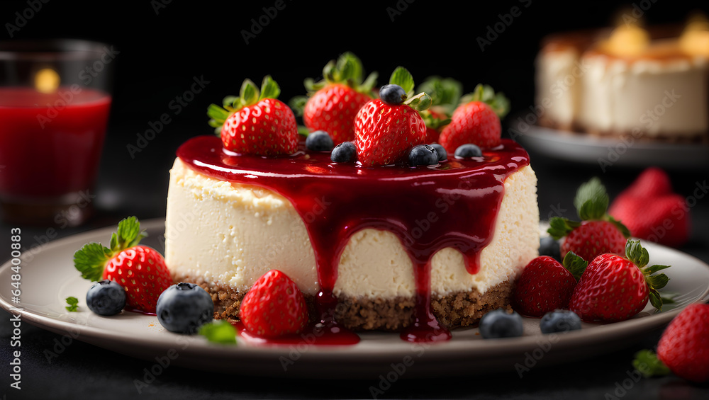Cheesecake with fresh berries and fruit sauce on a black background Cheesecake with fresh berries and fruit sauce on a black background
