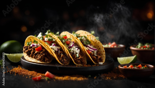 Traditional mexican tacos with beef and vegetables on a black background. Mexican cuisine.