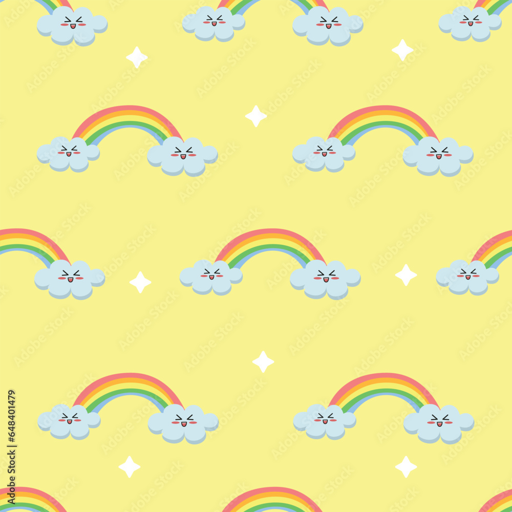 Seamless hand drawn vector pattern with cute cartoon rainbow and clouds on yellow background. Design for print, fabric , wallpaper Seamless hand drawn vector pattern with cute cartoon rainbow and clouds on yellow background. Design for print, fabric , wallpaper