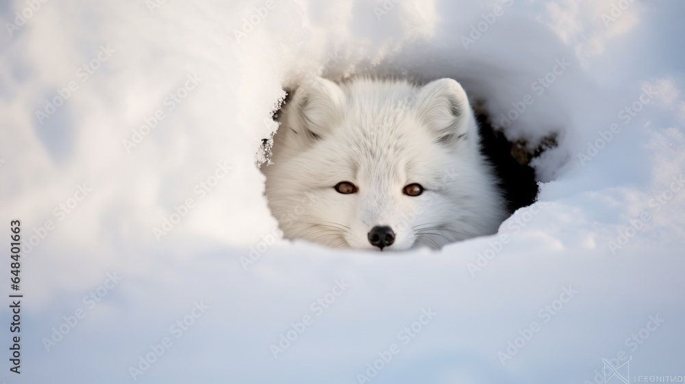 Arctic Fox Curled Up in Snug Snow Burrow, Embracing Winter's Cozy Refuge