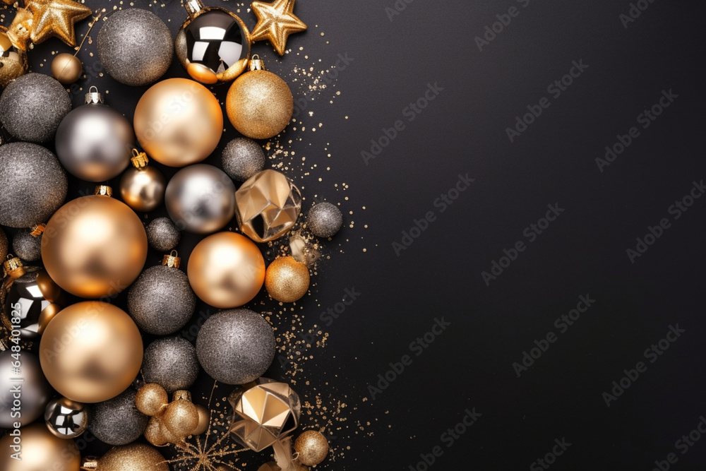 Christmas composition, Gold Christmas frame made of balls, golden decorations on black background, Flat lay, top view, copy space, aesthetic look Christmas composition, Gold Christmas frame made of balls, golden decorations on black background, Flat lay, top view, copy space, aesthetic look