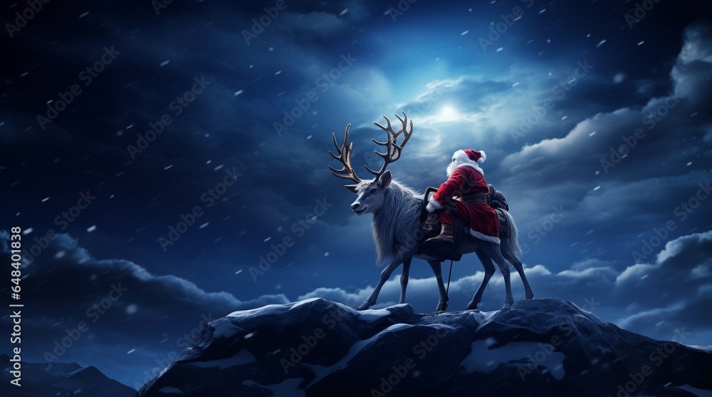 Papá Noel viajando con sus renos de noche - obrazy, fototapety, plakaty 