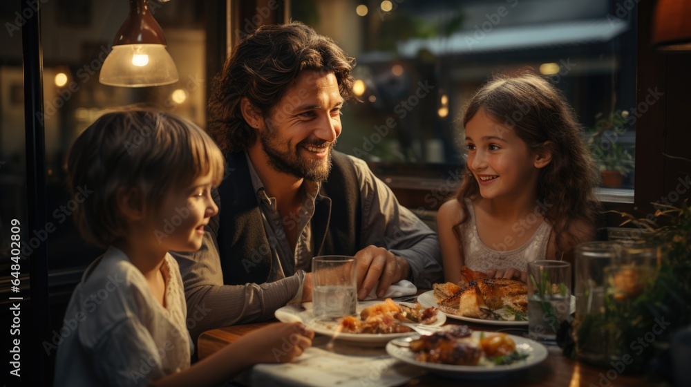 a man sitting at a table with two little girls, restaurant, lit from the side, smiles, handsome man