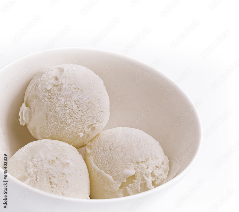 Balls of tasty vanilla ice cream in bowl
