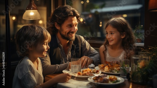 a man sitting at a table with two little girls, restaurant, lit from the side, smiles, handsome man
