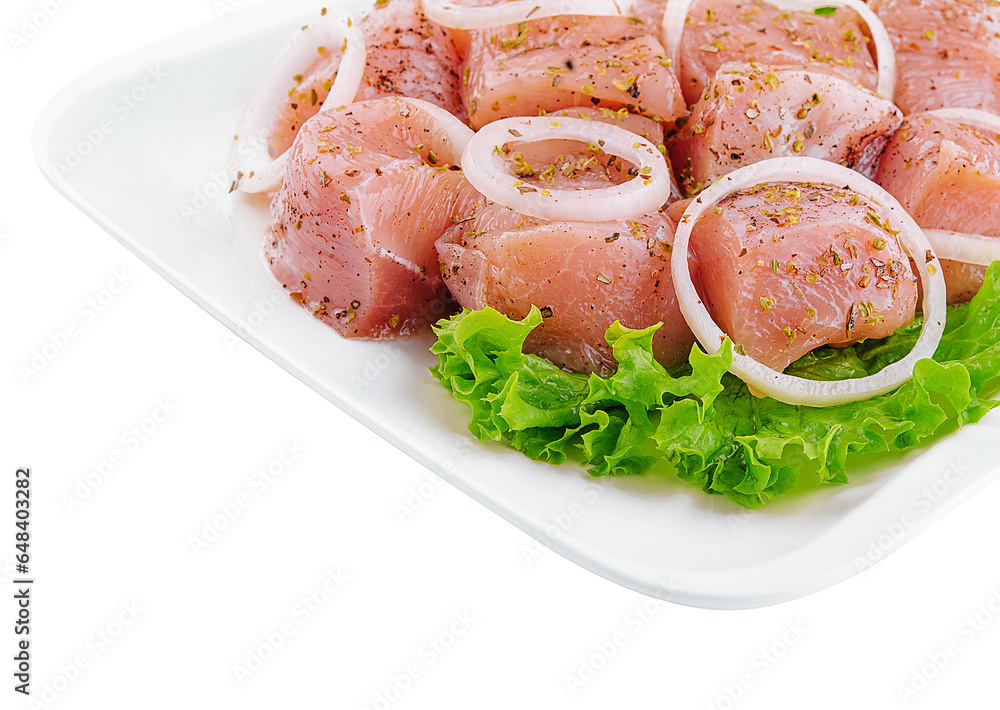 Raw pork meat with onions and spices for cooking kebabs