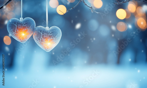 Fotografia, Obraz leuchtend blaue Herzen an der leuchtenden Lichterkette