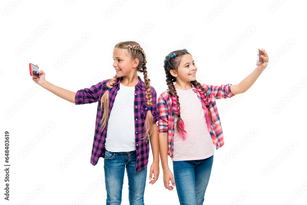 heartwarming friendship selfie. school children making selfie. girls children having selfie time. school friends capture fun with selfie. friendship concept. Supportive school friendship