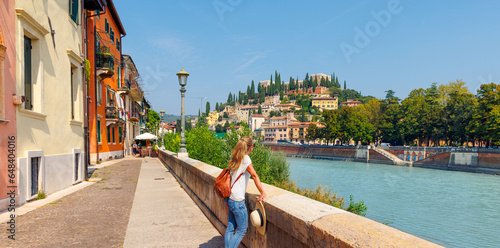 Female tourist in Verona city in Italy