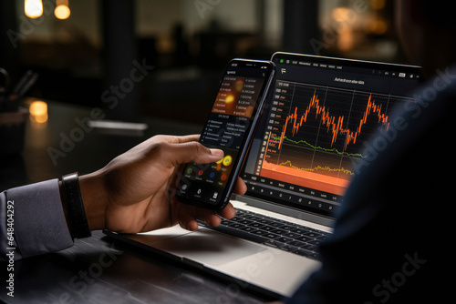Investors using laptops and smartphone for analyzing stock market performance data.